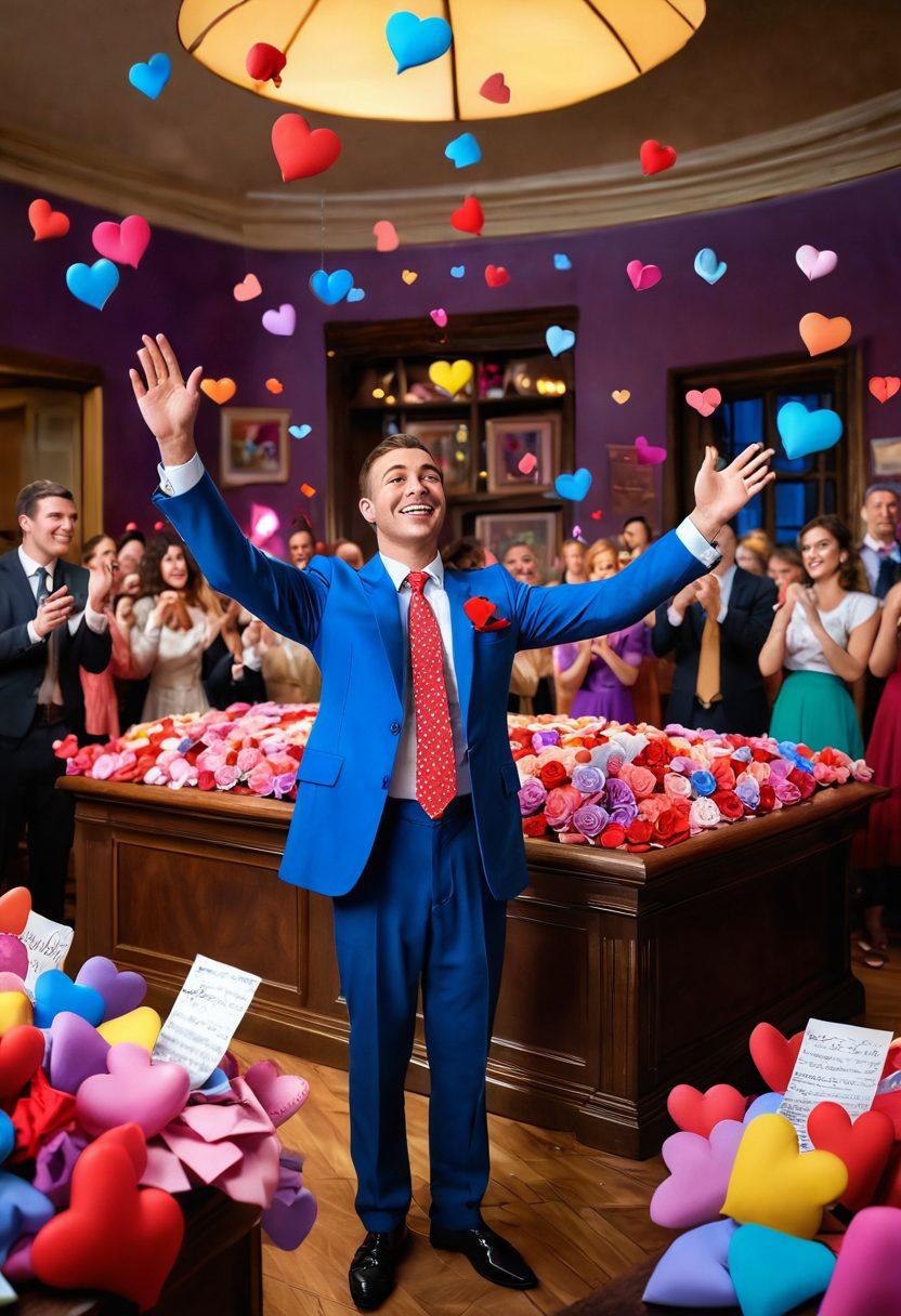 A whimsical scene depicting a vibrant auction house filled with colorful hearts being auctioned off. In the foreground, a charismatic person bidding enthusiastically with a playful smile. Surrounding the scene are various quirky auction items symbolizing love, like roses and love letters. The background showcases a dreamy ambiance with romantic lighting and floating hearts. 3D. vibrant colors. whimsical style.