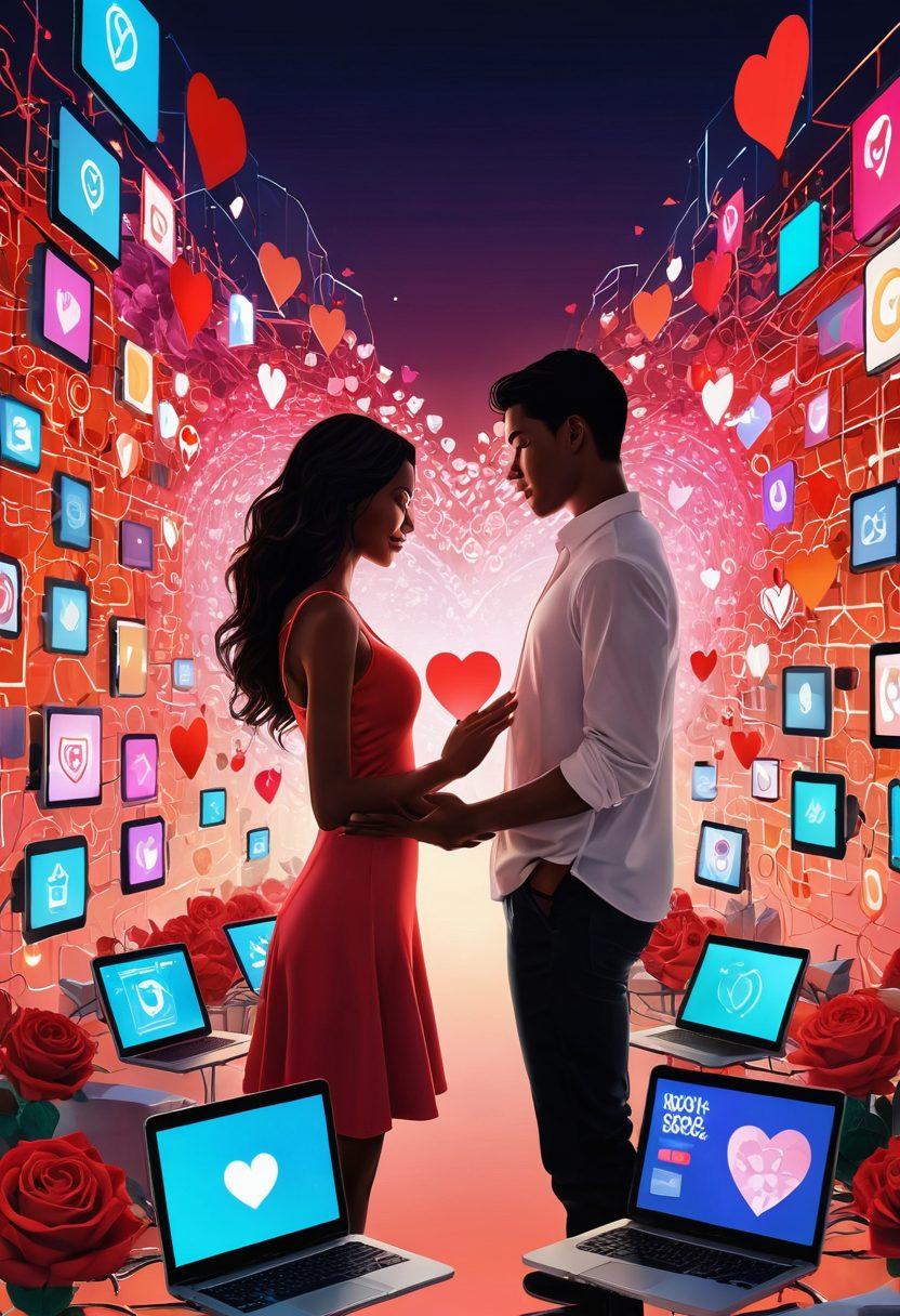 A digital marketplace bustling with heart-shaped icons and glowing screens, where diverse couples connect and share love across various platforms. The background features abstract representations of technology intertwining with elements of romance, such as roses and hearts. Include vibrant colors that evoke a sense of optimism and connection. super-realistic. warm tones. digital art.
