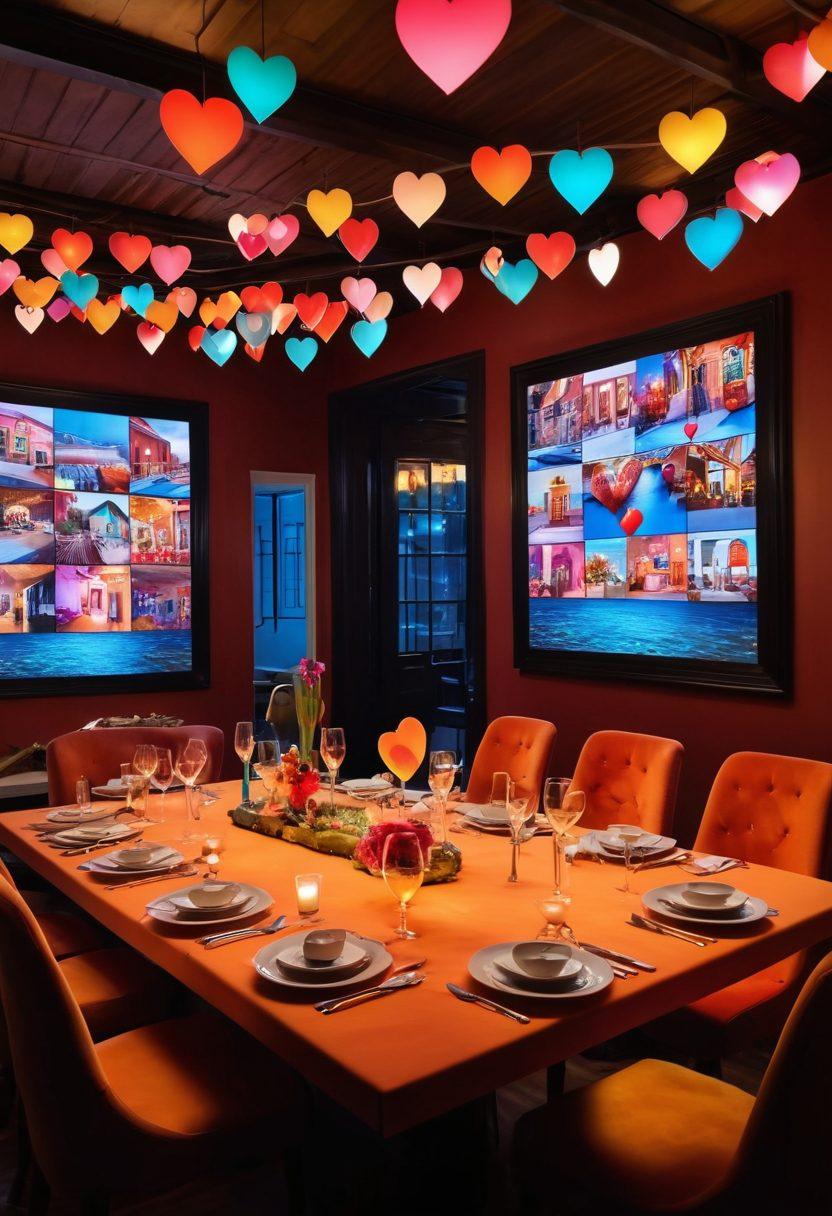 A whimsical auction scene where diverse couples are bidding for unique romantic experiences like candlelit dinners or surprise getaways. The atmosphere is filled with colorful bid paddles, hearts flying around, and digital screens displaying bids in real-time. Show a mix of excitement and creativity, highlighting the fusion of technology and romance. Bright and playful colors with a modern, chic aesthetic. vibrant colors. 3D.